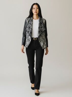 Pink  Martini Jacket Faux Leather Wool Open Front Draped Moto Black Grey Small